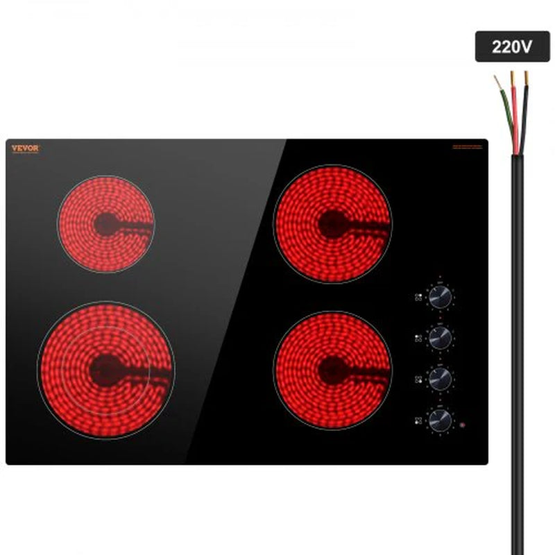 Electric Cooktop, 30 Inch 4 Burners Built-In Electric Stove Top, 7200W Ceramic Top Radiant Cooktop, with Glass Panel, Knob Control, 11 Heat Levels, 220-240V, Hard Wire (No Plug)