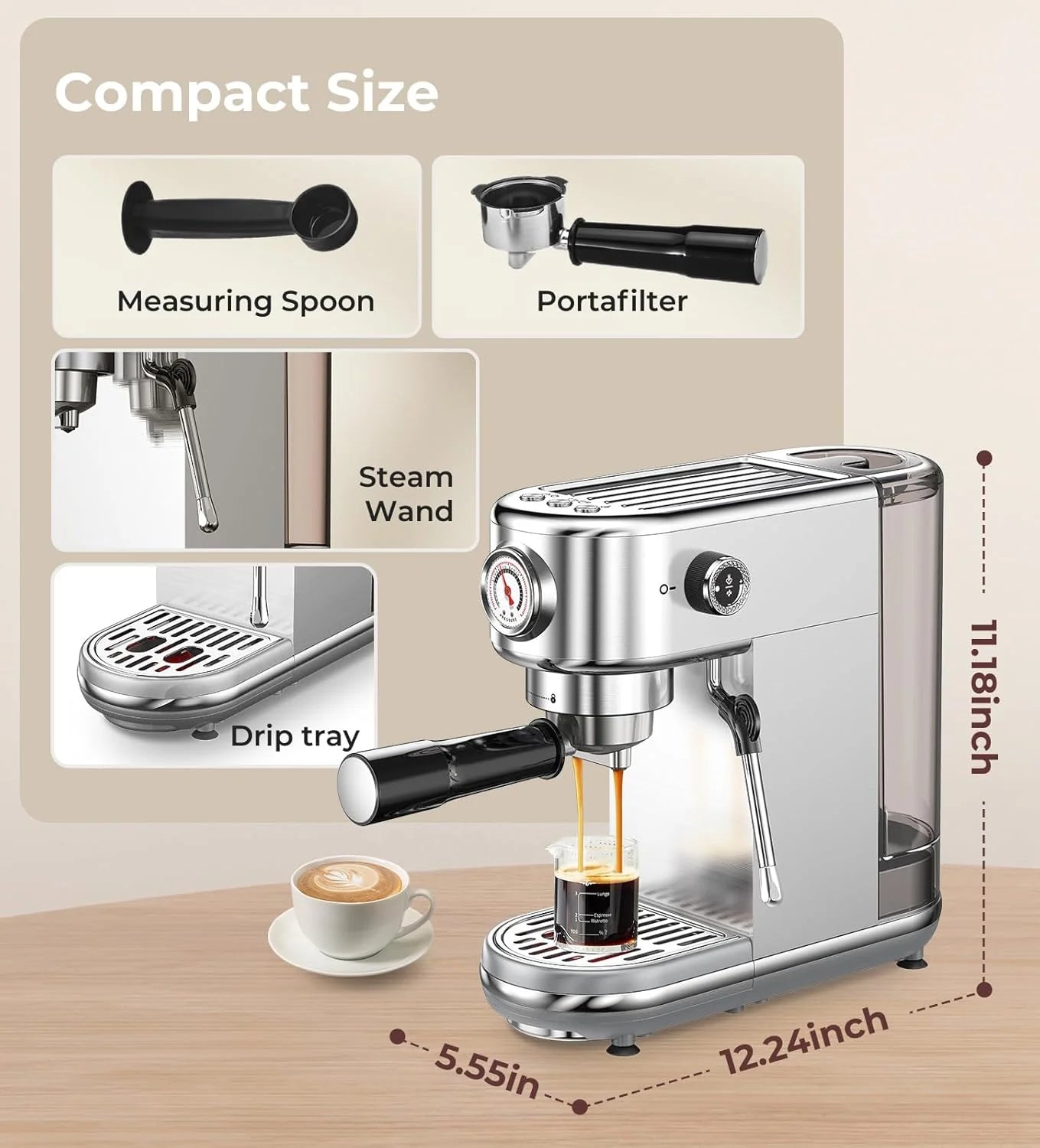 Machine with Milk Frother, 20 Bar Pressure Espresso Maker, with 44OZ Removable Tank, Compact Stainless Steel Coffee Machine for Home, Office, Latte, Cappuccino, Macchiato, Silver Visit the Atatix Store