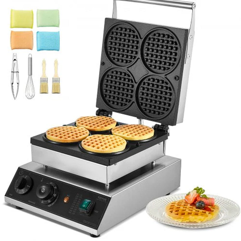 Commercial Waffle Maker, 4PCS round Waffle Baker Machine,1750W Non-Stick Stainless Steel Belgian Waffle Iron with Temperature and Time Control, for Restaurant Bakery Snack Bar Family