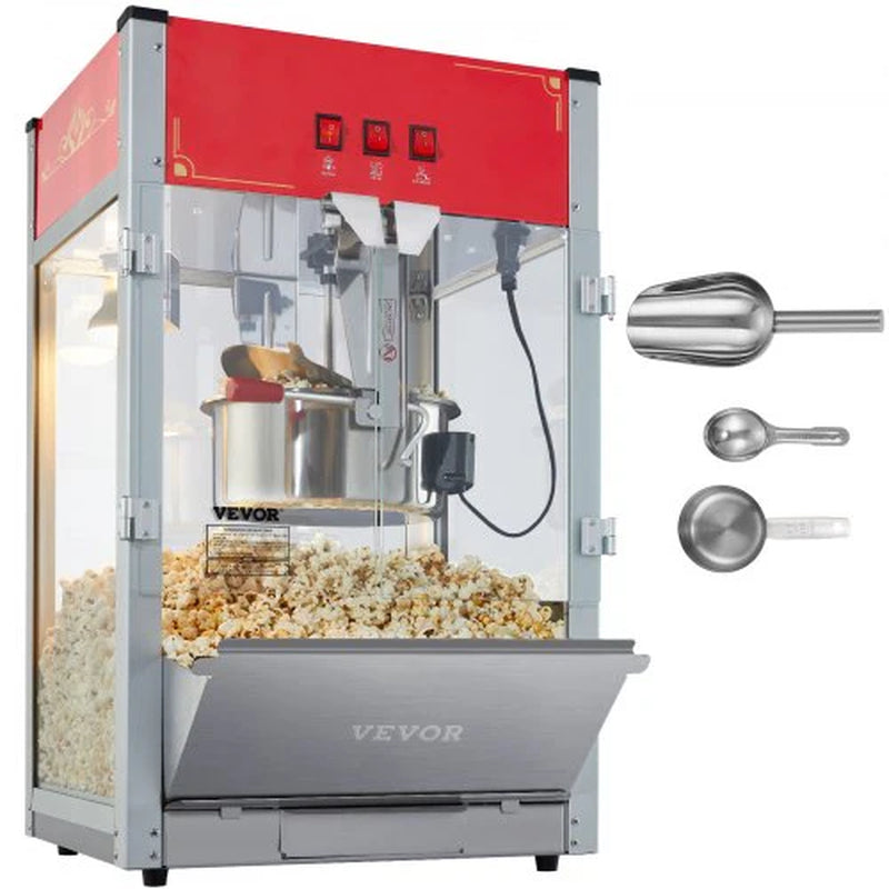 Popcorn Maker, 1440W Popcorn Popper Machine, 12 Oz Kettle Makes 80 Cups per Batch, Countertop Popcorn Maker with Tempered Glass, 3 Stainless Steel Scoops, Movie Theater Style, Red