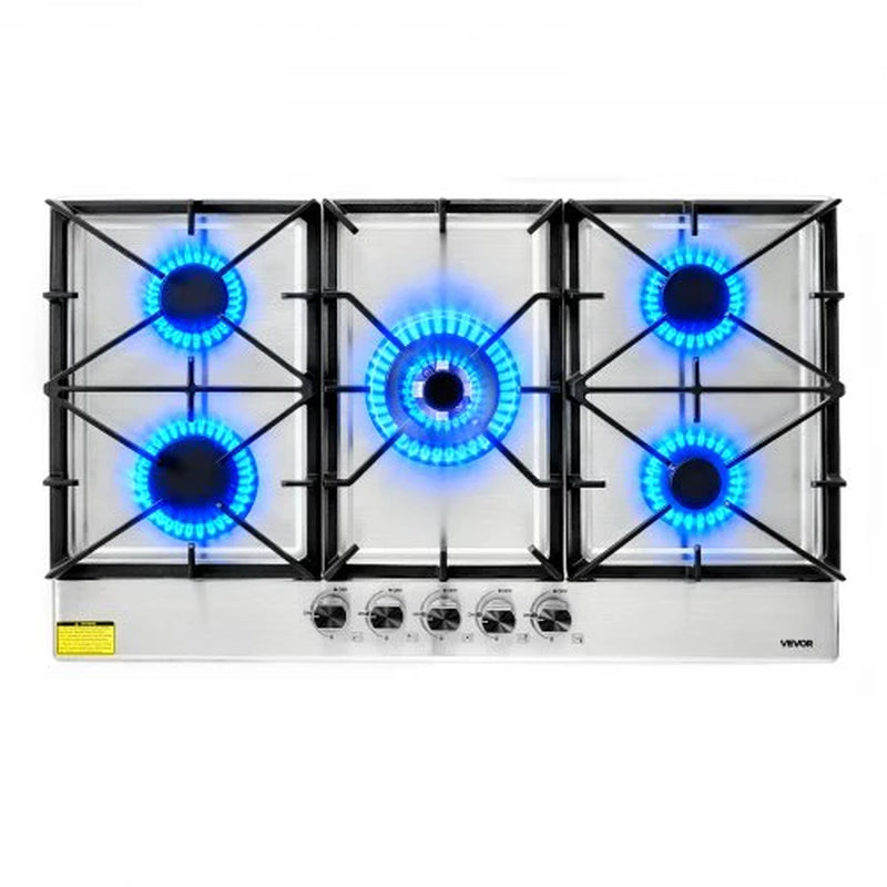 36 Inch Gas Cooktop 5 Burners Gas Stove Top, Max 38300BTU Built-In Stainless Steel Stove Top LPG/NG Convertible Dual Fuel Cooktop Stoves with SABAF Dual-Ring Burner for Kitchen Apartment Rvs